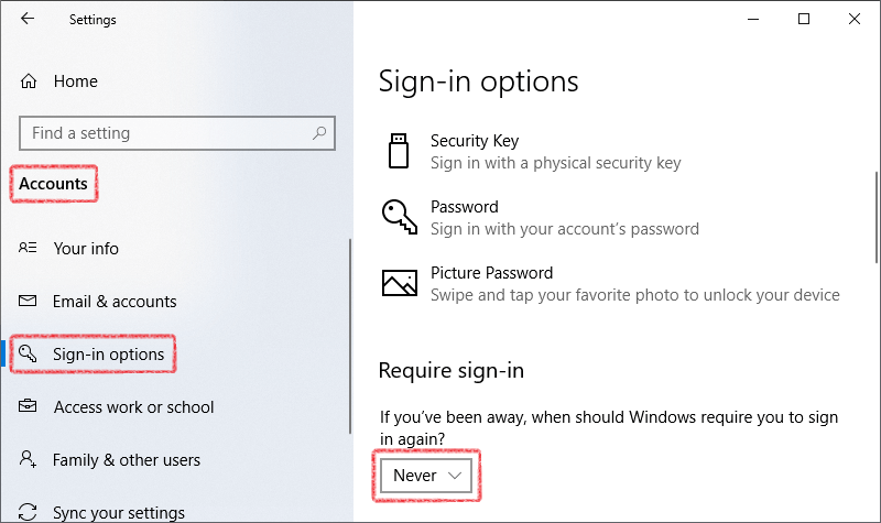 Turn off require sign-in on wakeup in Windows 10